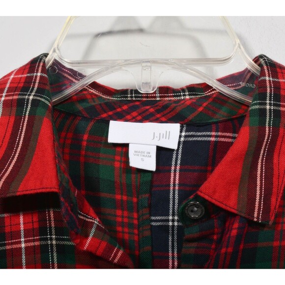 J. Jill Cotton Red Plaid Flannel Patchwork Long Tunic Top Button Up Shirt Sz S - Picture 3 of 4